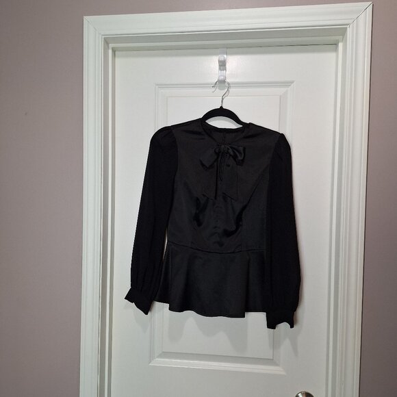 Black Voodoo Vixen Blouse with Peplum Hem and Bow - Picture 1 of 4
